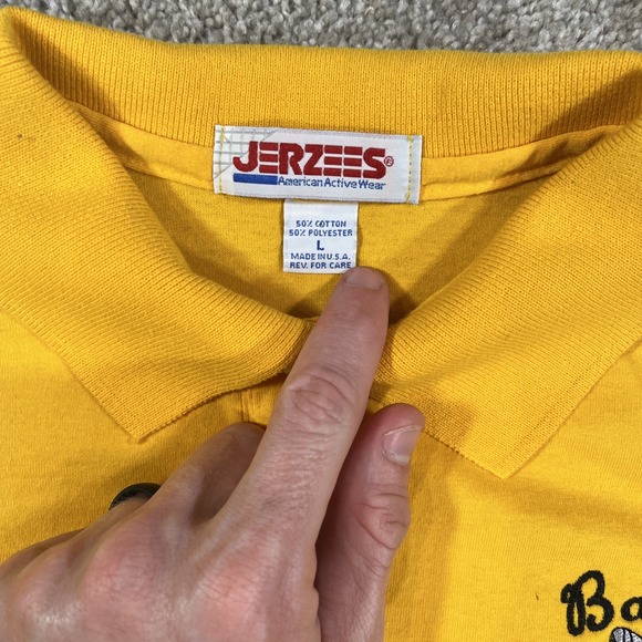 VTG JERZEES Single Stitch Polo Shirt Bar Fly Embroidered Yellow Men's L USA Made - Picture 3 of 8